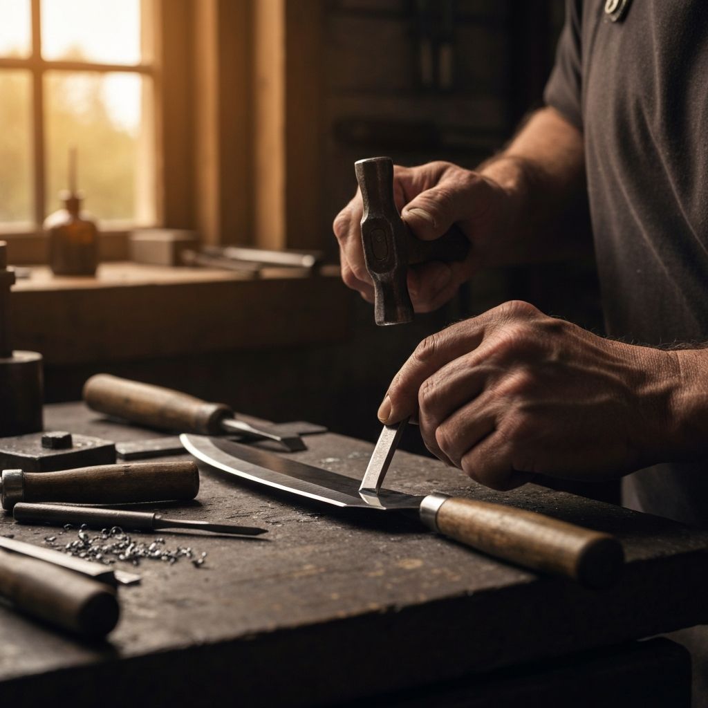 Master craftsman hand-forging Skandia knife blade in traditional workshop