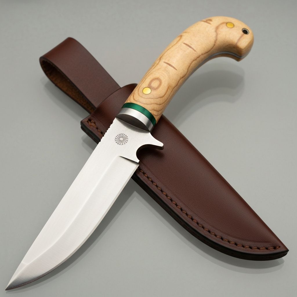 Close-up of Skandia puukko knife showing Curly Birch handle and leather sheath details