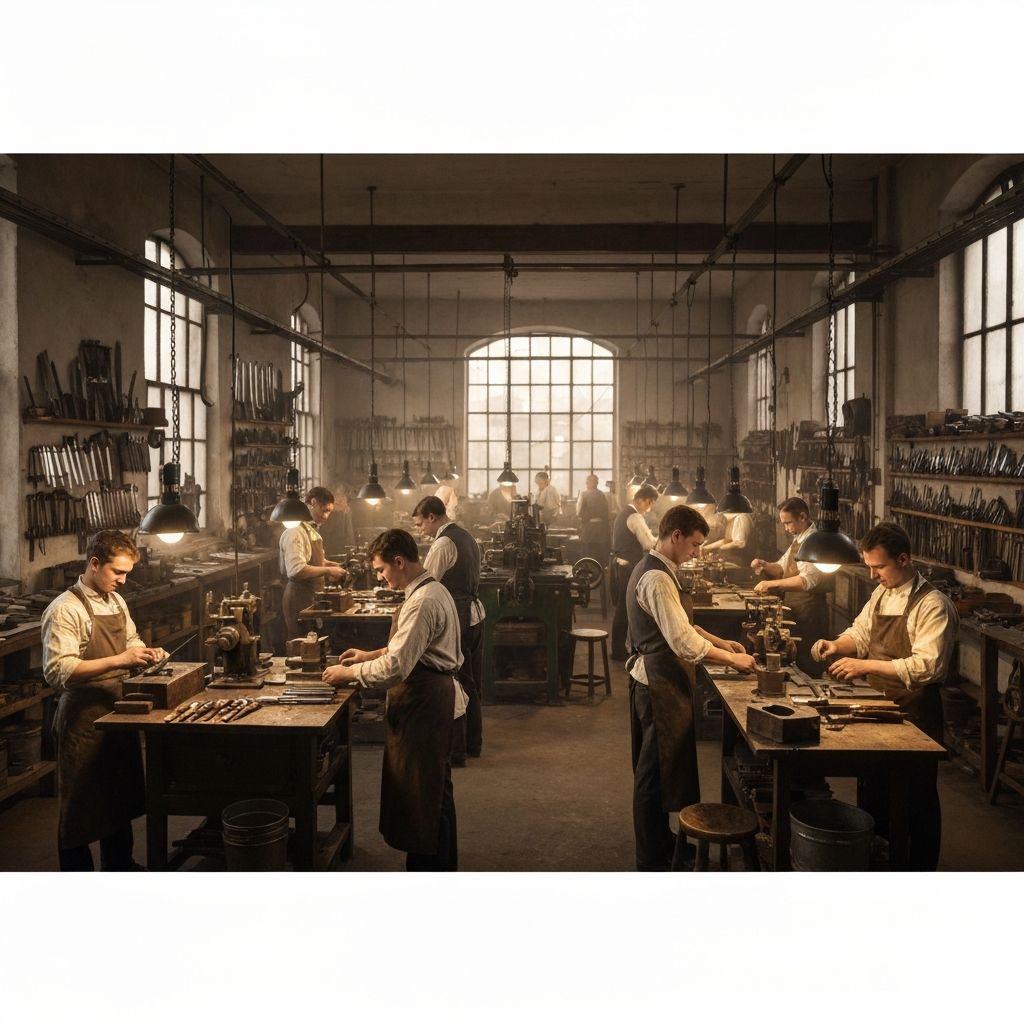 Historical photograph of knife manufacturing in Solingen, Germany circa 1900s