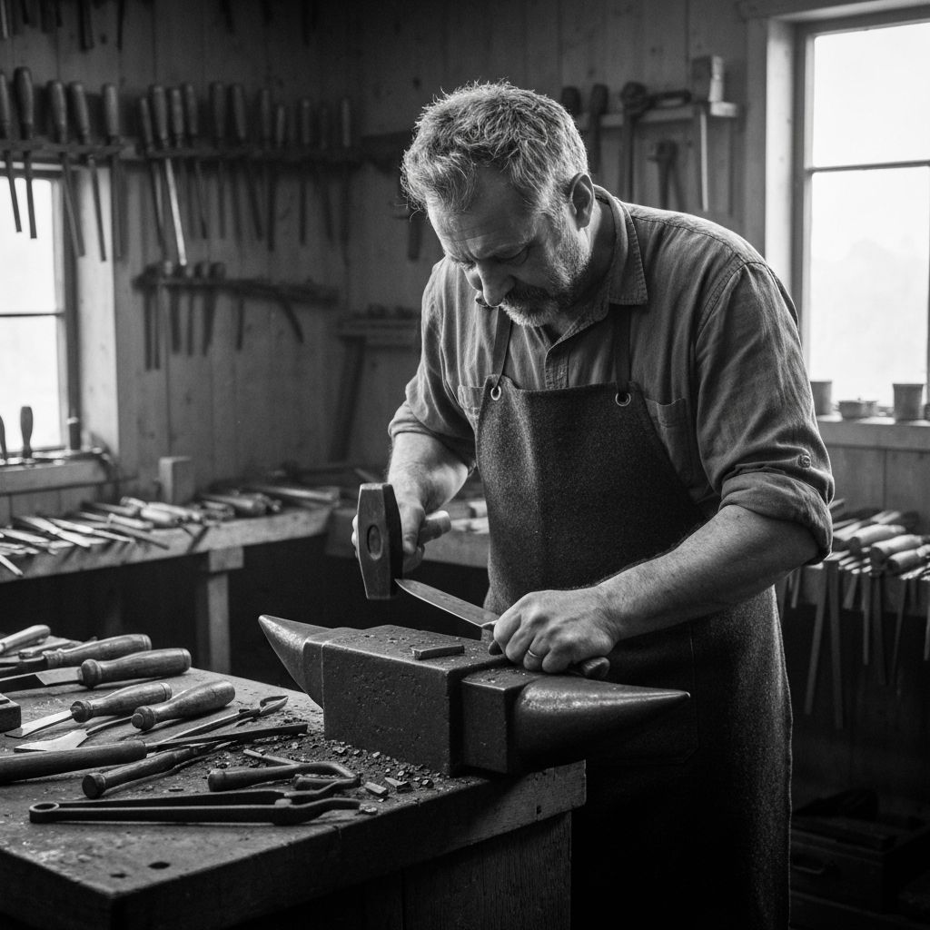Traditional Skandia knife workshop with master craftsman forging blade